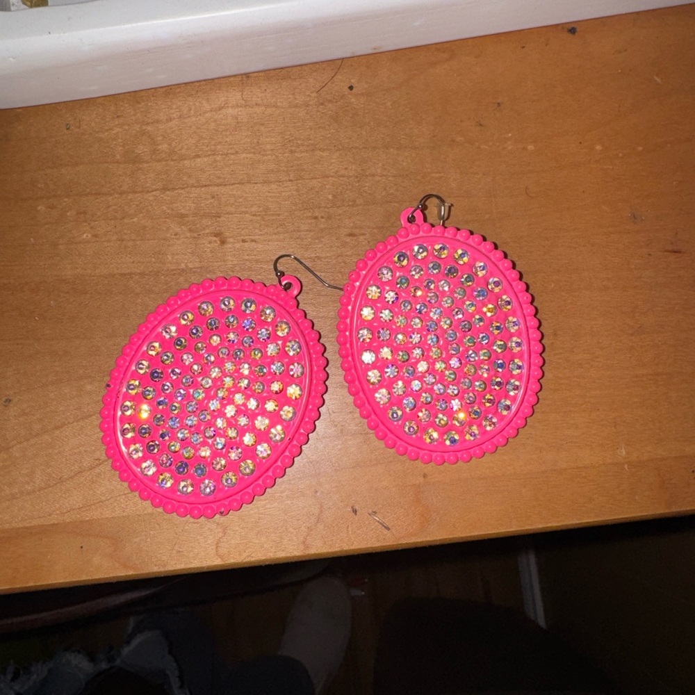 Pink Oval Rhinestone Earrings
